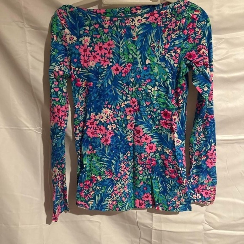 Lilly Pulitzer Women Blue Pink Tropical Floral Boat Neck Long Sleeve Top Small
